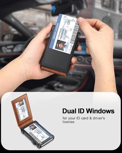 Wallet for Men RFID Wallet with 2 ID Windows & Money Clip, Slim Pop Up Card Holder for 10-12 Cards, Bifold Minimalist Smart Wallet for Front Pocket, Compact Metal Credit Card Holder, Gifts for Men