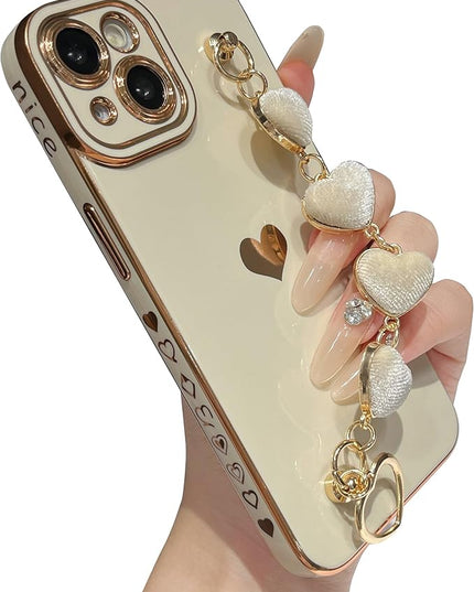 Caseative for iPhone 14 Case,Cute Plating Love Heart Wrist Strap Chain Bracelet Phone Case (White)
