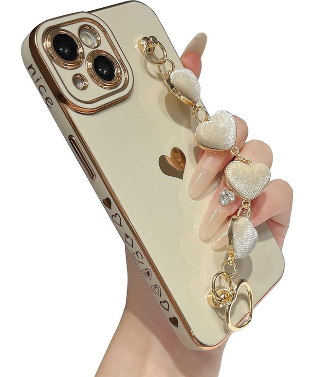 Caseative for iPhone 14 Case,Cute Plating Love Heart Wrist Strap Chain Bracelet Phone Case (White)