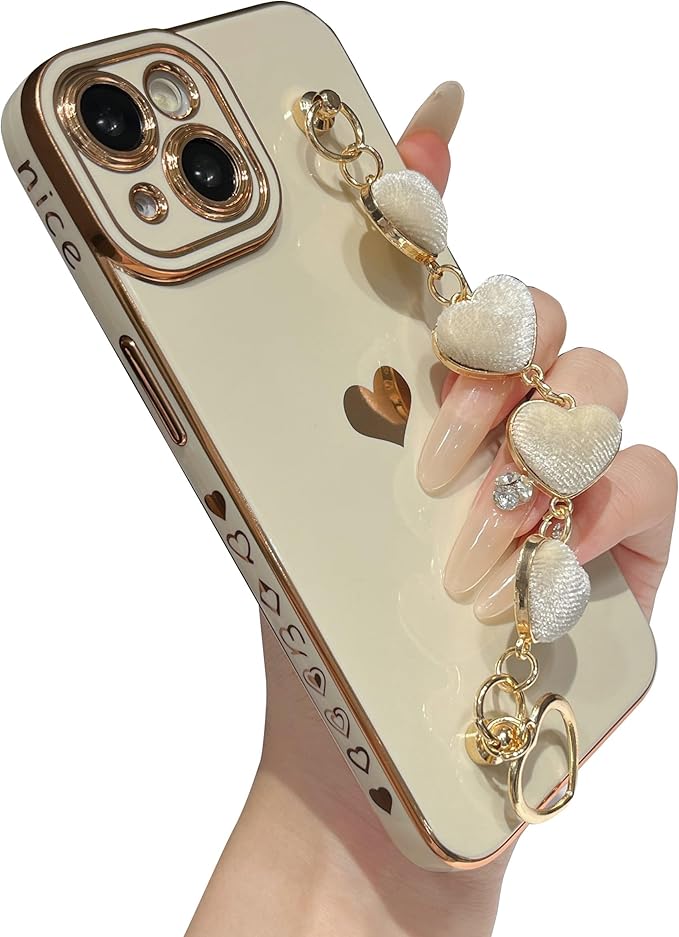 Caseative for iPhone 14 Case,Cute Plating Love Heart Wrist Strap Chain Bracelet Phone Case (White)