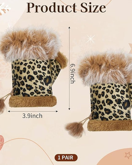 SATINIOR Women Fur Fingerless Gloves Winter Rabbit Fur Lined Half Finger Mittens for Women Girls Teen Working Writing