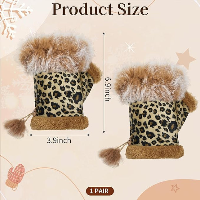 SATINIOR Women Fur Fingerless Gloves Winter Rabbit Fur Lined Half Finger Mittens for Women Girls Teen Working Writing