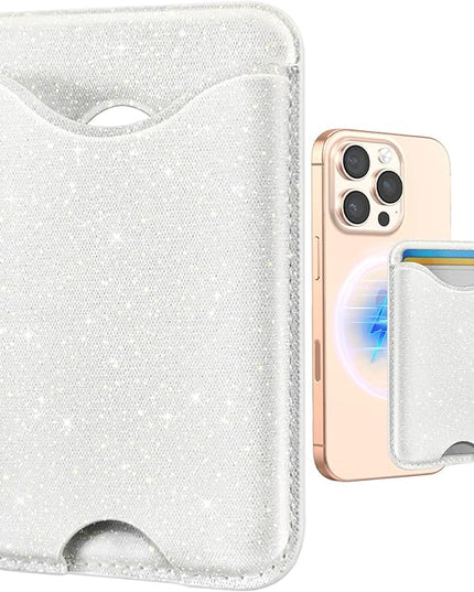 Shorogyt Phone Wallets Compatible with Magsafe Wallet Glitter - Magnetic Card Holder White for Women Teen Girls for iPhone 17/16/15/14/13/12 Series Slim for Apple Mag RFID Magnet, Fit 3 Cards