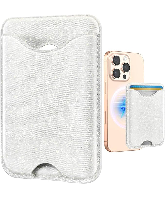 Shorogyt Phone Wallets Compatible with Magsafe Wallet Glitter - Magnetic Card Holder White for Women Teen Girls for iPhone 17/16/15/14/13/12 Series Slim for Apple Mag RFID Magnet, Fit 3 Cards