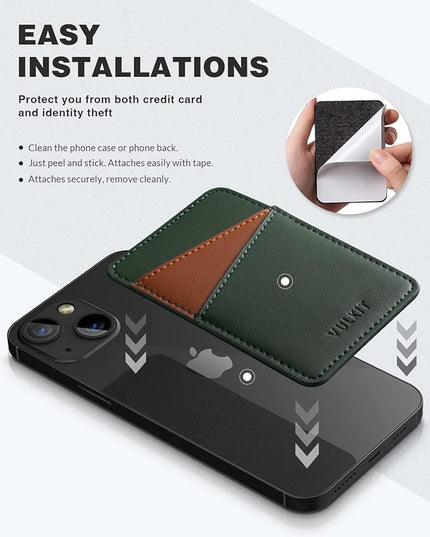 VULKIT Phone Card Holder Wallet Leather Adhesive Pocket RFID Blocking Credit Card Sleeves Stick Back of Phone Smartphones Green