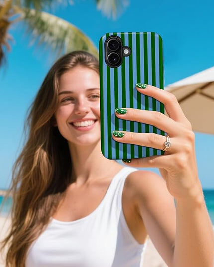 Magnetic for iPhone 17 Case Cute Stripes Phone Case, Shockproof Slim TPU and Hard PC Protective Phone Cover Compatible with MagSafe Designed for Women Girls, Green and Blue