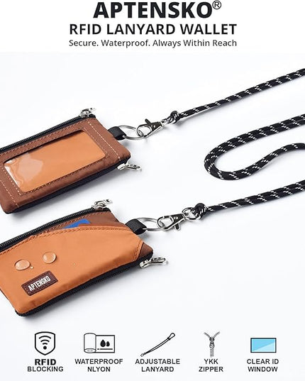 RFID Travel Wallet with Adjustable Lanyard-Zipper Small Wallet with ID Card Holder, Keychain for women&men-Minimalist Slim Waterproof Nylon case for ID, Cash, Key (Rust+Coffee)