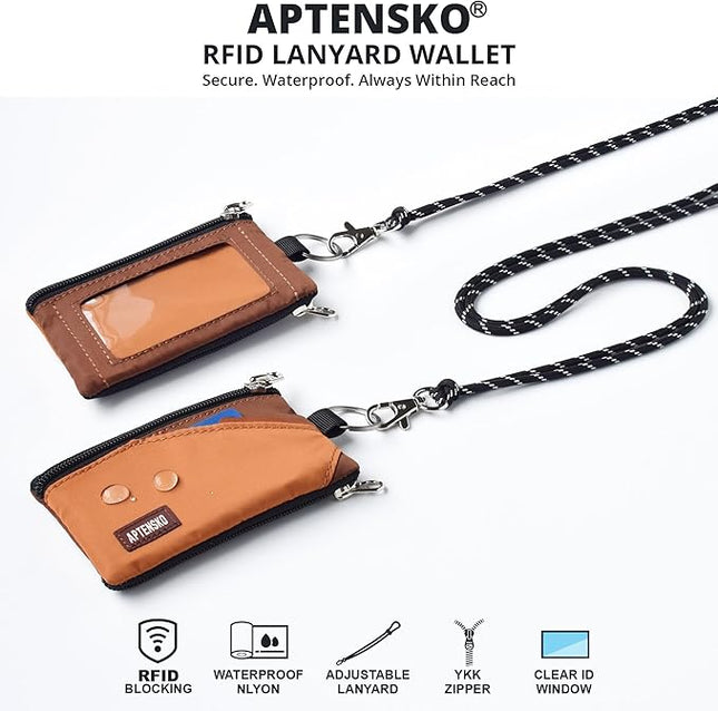 RFID Travel Wallet with Adjustable Lanyard-Zipper Small Wallet with ID Card Holder, Keychain for women&men-Minimalist Slim Waterproof Nylon case for ID, Cash, Key (Rust+Coffee)