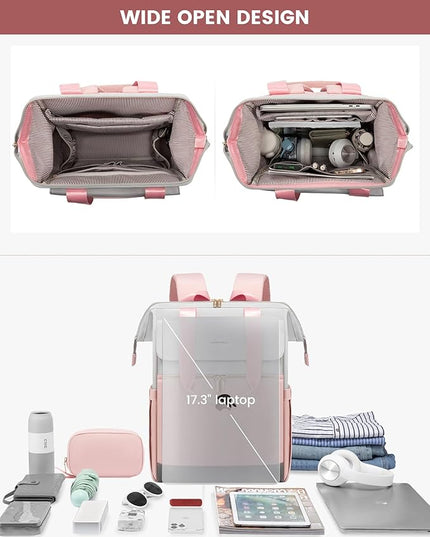 LOVEVOOK 17.3 Inch Laptop Backpack for Women, Large Capacity Travel Backpack with Organizer Bag, Waterproof Carry on Backpack Work Bag with USB Port, Teacher Nurse Backpack Purse, 2PCS, Grey-Pink
