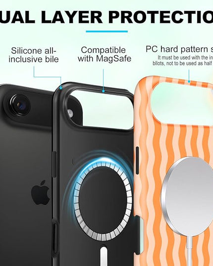 Magnetic for iPhone 17 Air Case Cute Wavy Stripes Phone Case, Shockproof Slim TPU and Hard PC Protective Phone Cover Compatible with MagSafe Designed for Women Girls, Orange