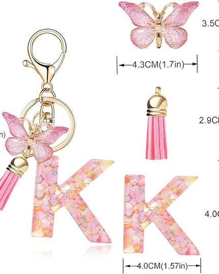 Fashion Alphabet Initial Letter Keychain Tassel Butterfly Pendant Key Ring for Purse Handbags Women Girl