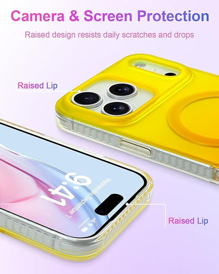 Aesthetic Case for iPhone 17 Pro Case for Women Girls [Compatible with Magsafe] Cute Girly Trendy Glitter Sparkly Rainbow Magnetic Protective Phone Cover, Matte Iridescent Yellow & Orange