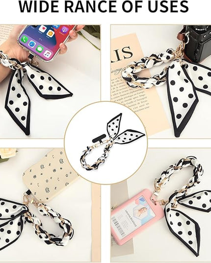 Fycyko Phone Wrist Strap with Gold Metal Scarf and Universal Tether Tab, Aesthetic Print Design Ribbon Chain, Multi-Purpose Accessories for Bag Key Cellphone for Men Women Girls-Black Polka Dot