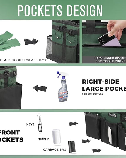 Wearable Cleaning Caddy Bag, Cleaning Caddy Supplies Organizer with Handle & Shoulder Straps for Housekeepers, Under Sink & Car Cleaning Tool Organizers with 4 Foldable Divider (TreeGreen)