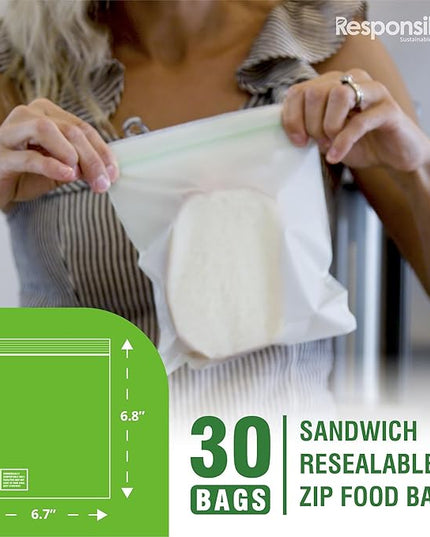 Responsible Products Certified Compostable SANDWICH Resealable Zip Bag, Extra Strength Food Bags, Plant-Based Freezer-Safe (30 Pack)