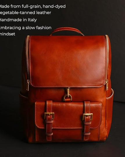 Time Resistance Leather Backpack - Laptop Travel Bag Rucksack up to 15” - Bag for Men and Women (Cognac Brown)