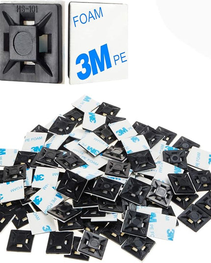 XHF 100 PCS 1.1" Black Self Adhesive Cable Zip Tie Mounts Wire Cable Clips Holders Management Anchors Organizer Holders Squares(HS-102)
