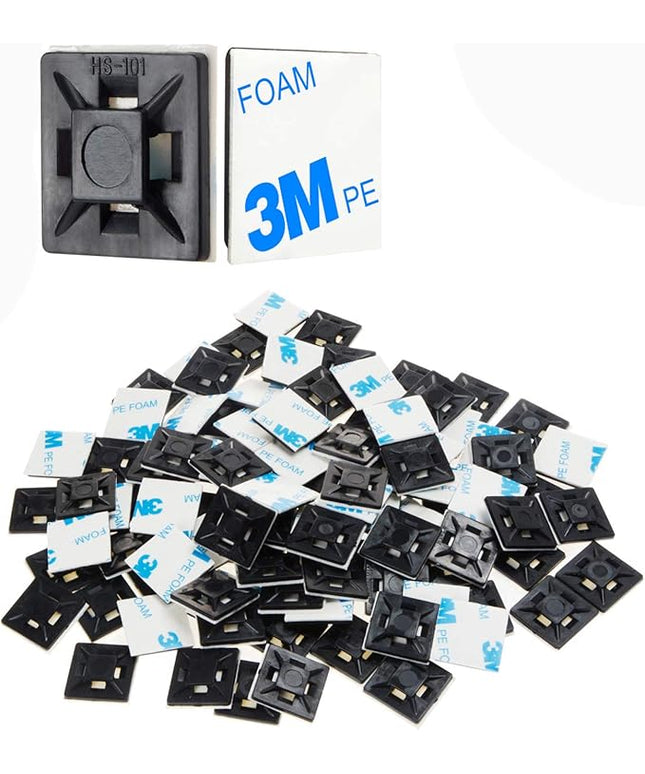 XHF 100 PCS 1.1" Black Self Adhesive Cable Zip Tie Mounts Wire Cable Clips Holders Management Anchors Organizer Holders Squares(HS-102)