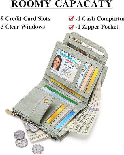 FALAN MULE Small Wallet for Women Leather Bifold Compact RFID Blocking with ID Window