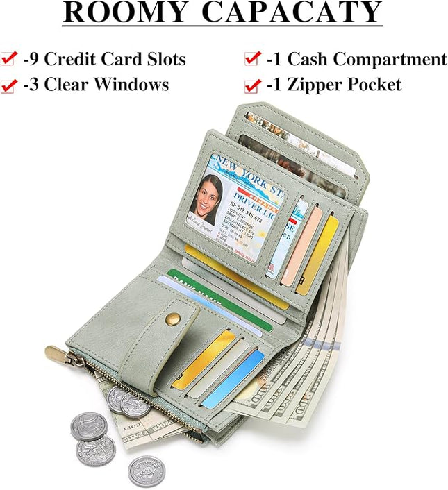 FALAN MULE Small Wallet for Women Leather Bifold Compact RFID Blocking with ID Window