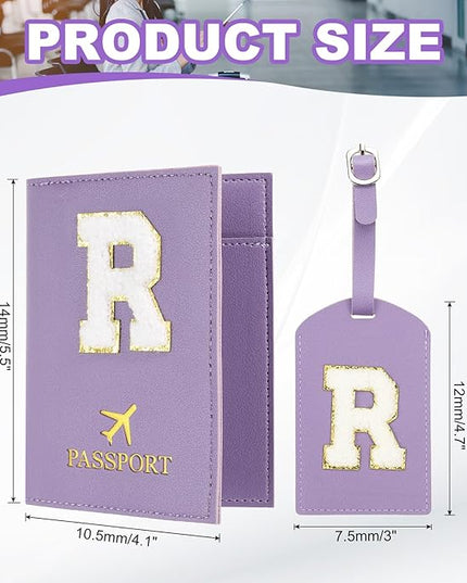 PATIKIL Passport Holder for Travel, Initial Passport Cover and Luggage Tag Set with Alphabet Chenille Letter Patch Travel Wallet Bag Suitcase Identifier for Women Family Travel Purple R