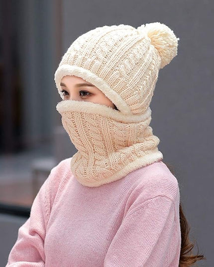 HUAMULAN Women Winter Beanie Hats One Piece Fleece Lined Knit Balaclavas Mask Set Skull Neck Circle Scarf Ski Snow Hat Pompom