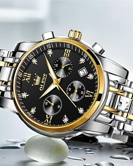 OLEVS Men's Luxury Watch Waterproof Luminous Easy Read Chronograph Watches Full Gold/White Dail/Black Face with Calendar Wristwatch