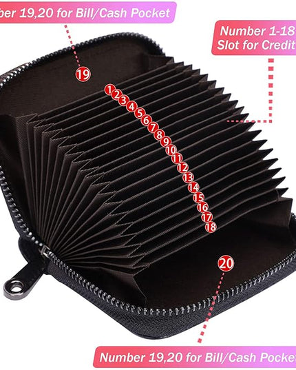 Linno RFID 20 Slots Credit Card Holder Genuine Leather Small Wallet for Women or Men with Zipper