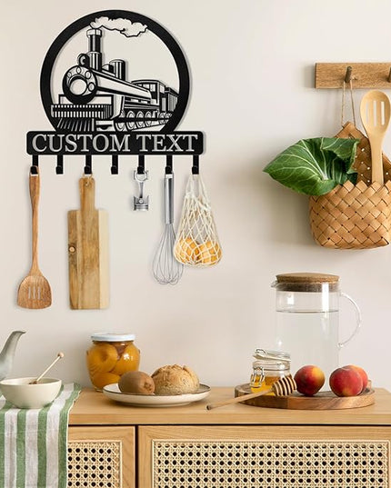 KAINSY Personalized Metal Key Holder for Wall, Custom Name Rack Wall Mount With Hooks, Train Design Hanger, Organizer Wall Decor for Entryway, Front Door, Hallway, Bedroom, Cabin