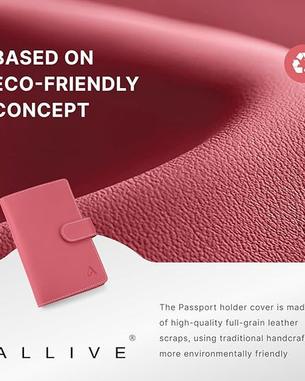 ALLIVE passport holder for travel family of 4, RFID Blocking Passport Wallet Document Organizer for Women & Men, Genuine Leather Cover with AirTag holder, Airport Essentials, Travel Gift (Rose Pink)