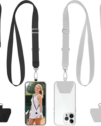 takyu Phone Lanyard, 2 Pack Crossbody Anti-Drop Neck and Wrist Strap with 2 Pcs Tether Patches, Secure Hands-Free Compatible for iPhone Samsung Perfect for Nurses, Teachers, Travel, Hiking Black+Gray