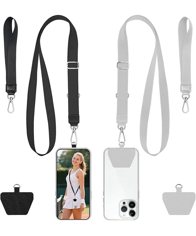 takyu Phone Lanyard, 2 Pack Crossbody Anti-Drop Neck and Wrist Strap with 2 Pcs Tether Patches, Secure Hands-Free Compatible for iPhone Samsung Perfect for Nurses, Teachers, Travel, Hiking Black+Gray