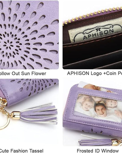 APHISON RFID Credit Card Holder Zipper Card Case Keychain Small Wallet for Women 1927 LIGHT-PURPLE