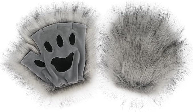 HAOAN Wolf Paw Gloves Faux Fur Cat Fingerless Mittens Winter Warm Cosplay Halloween Fancy Party Costume Accessories