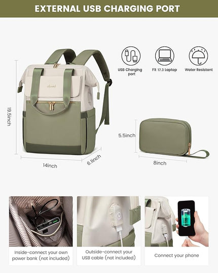 LOVEVOOK 17.3 Inch Laptop Backpack for Women, Large Capacity Travel Backpack with Organizer Bag,Waterproof Carry on Backpack Work Bag with USB Port,Teacher Nurse Backpack Purse,2PCS,Beige-Bean Green