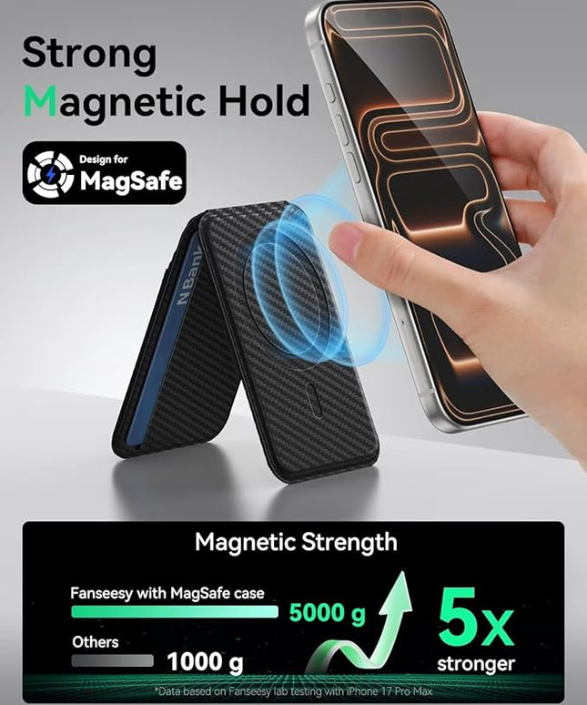 Fanseesy for MagSafe Wallet with Stand, 5 Card Holder, Slim Leather Magnetic Wallet for iPhone 17/16/15/14/13/12 Pro Max Plus Air Series, 3 Card Slots & 1 Cash Slot,Carbon Fiber