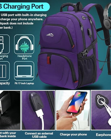 ProEtrade Travel Backpack, Extra Large Laptop Backpack School Business Anti Theft TSA Approved College Work Computer Bag Fits 17 Inch Laptop with USB Charging Port Bookbag for Women Men(Purple)