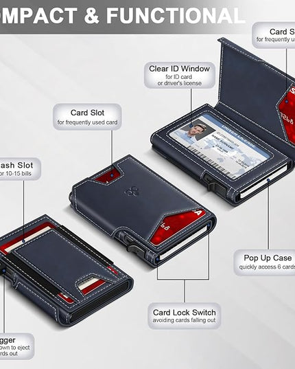 Wallet for Men Wallet with Slim Pop Up Card Holder 9-13 Cards, Bifold Minimalist Smart Wallet RFID Blocking Credit Card Holder with ID Window & Stretchable Cash Slot Compact Metal Aluminum Card Case