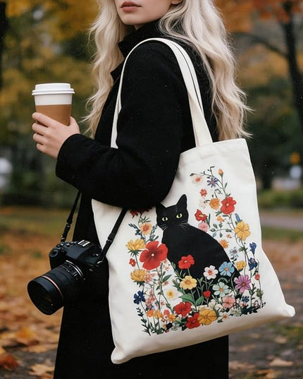 Women's Canvas Tote Bag - Black Cat Print Canvas Tote with Inner Pocket, Large Shoulder Bag for Gym,College,Library,Shopping