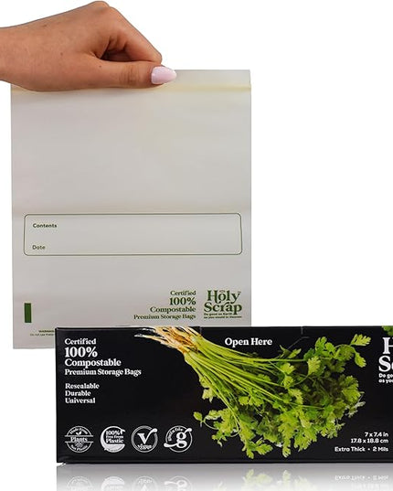 100% Compostable Food Storage Bags QUART Size - 40 Pack - Resealable Extra Strength Zip Seal Bags Made from Plants, Eco Friendly, Freezer Safe - BPI Certified, OK Compost Home