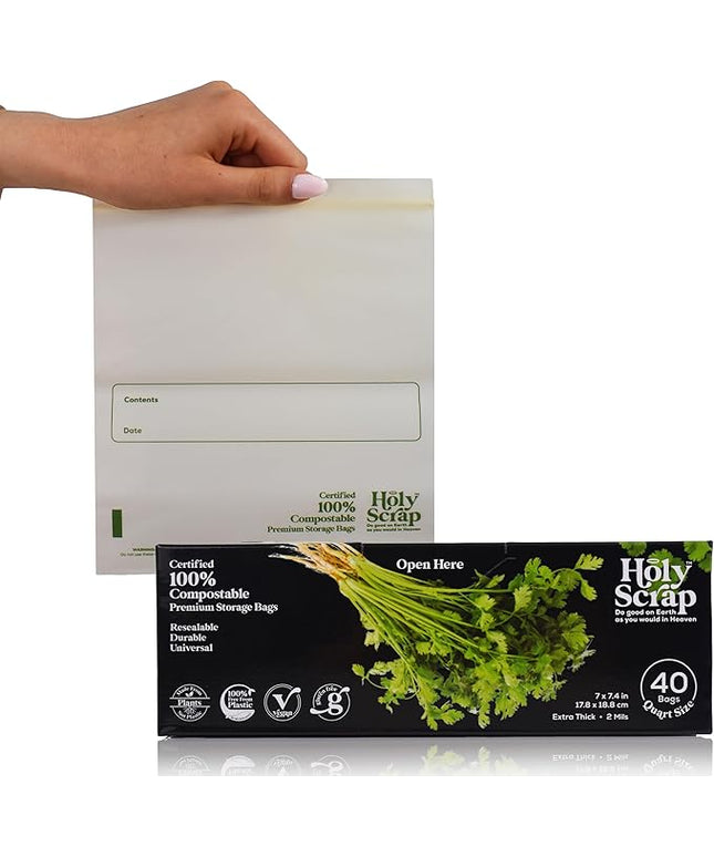 100% Compostable Food Storage Bags QUART Size - 40 Pack - Resealable Extra Strength Zip Seal Bags Made from Plants, Eco Friendly, Freezer Safe - BPI Certified, OK Compost Home