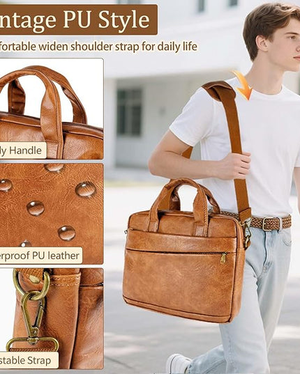Faux Leather Messenger Bag for Men 17.3 Inch: Laptop Bag Briefcase Computer Handbags Shoulder Crossbody Bag with Padded Laptop Sleeve for Work College Travel, PU Brown