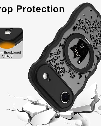 Wavy Case for iPhone Air Case with Stand [Compatible with MagSafe] Cute Black Cat & Floral & Butterflies Pattern Design, Kawaii 360 Magnetic Ring Kickstand Phone Cover for Women Girls
