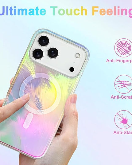 Glitter Case for iPhone 17 Pro Case for Women Girls [ Compatible with Magsafe ] Clear Cute Aesthetic Girly Iridescent Feather Sparkly Bling Magnetic Phone Cover, Gradient Blue & Pink