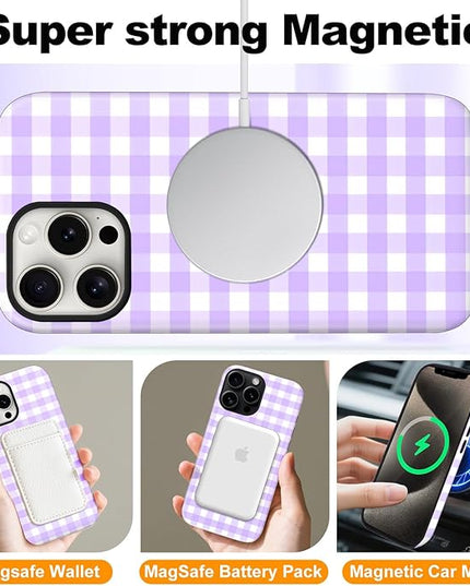 Magnetic for iPhone 13 Pro Max Case Cute Checkered Stripes Phone Case for Women Girls, Shockproof Slim TPU and Hard PC Protective Phone Cover Compatible with MagSafe Designed, Purple