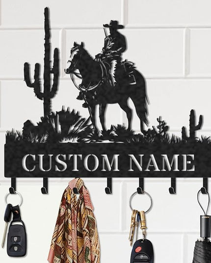 LOWACOS Personalized Key Holder for Wall, Custom Metal Cowboy Key Hooks with Name, Meta Jacket Holder Hooks Organizer Rack, Jacket Hanger Decor for Kitchen, Entryway, Hallway, Office, Doorway