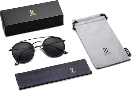 SOJOS Retro Vintage Round Polarized Sunglasses for Women Men Small Double Bridge Circle Sunnies SJ1104