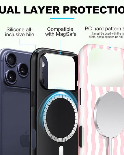 Magnetic for iPhone 17 Pro Max Case Cute Wavy Stripes Phone Case, Shockproof Slim TPU and Hard PC Protective Phone Cover Compatible with MagSafe Designed for Women Girls, Pink