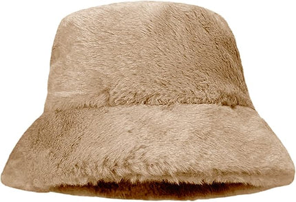 Women Plush Fluffy Bucket Hat Warm Lining Winter Faux Fur Cozy Wide Brim Winter