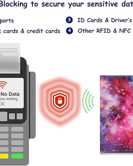 Passport Holder Cover Case PU Leather RFID Blocking Card Pockets Holder Cute Luggage Magnetic Wallet Case for Women Men, Colorful Galaxy